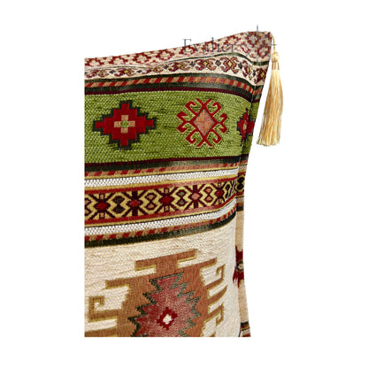 Evalier Sage pillow cover – close-up corner detail, Heritage Kilim woven cushion cover showing fabric texture, kilim-inspired woven pattern, and tassel detail (45 × 45 cm / 18 × 18 in)