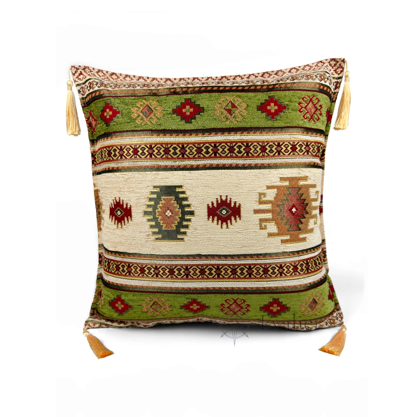 Evalier Sage pillow cover – front view, Heritage Kilim woven decorative cushion cover with kilim-inspired motif and corner tassels (45 × 45 cm / 18 × 18 in)