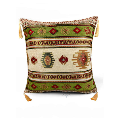 Evalier Sage pillow cover – front view, Heritage Kilim woven decorative cushion cover with kilim-inspired motif and corner tassels (45 × 45 cm / 18 × 18 in)