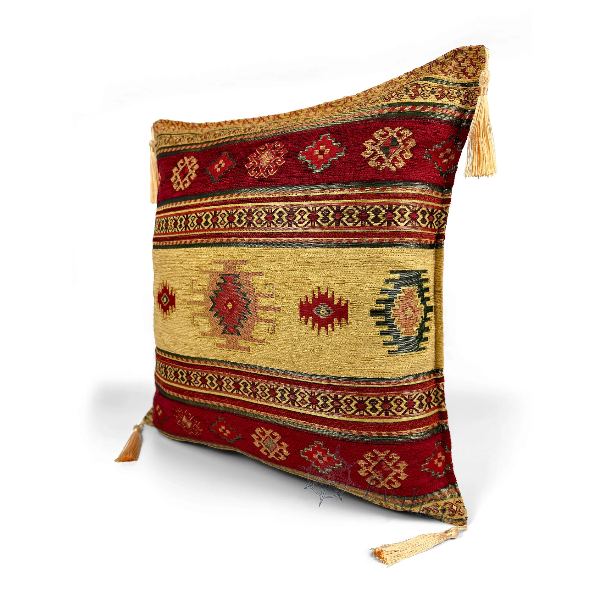 Evalier Saffron pillow cover – angled front view, Heritage Kilim woven decorative cushion cover highlighting the kilim-inspired motif, textured fabric, and elegant corner tassels (45 × 45 cm / 18 × 18 in)