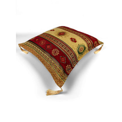 Evalier Saffron pillow cover – top angled view, Heritage Kilim woven decorative cushion cover showing overall shape, dimensional form, and kilim-inspired woven design (45 × 45 cm / 18 × 18 in)