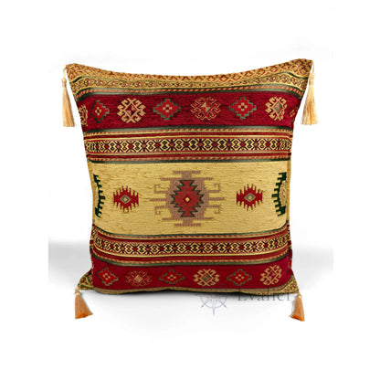 Evalier Saffron pillow cover – front view, Heritage Kilim woven decorative cushion cover with kilim-inspired motif and corner tassels (45 × 45 cm / 18 × 18 in)