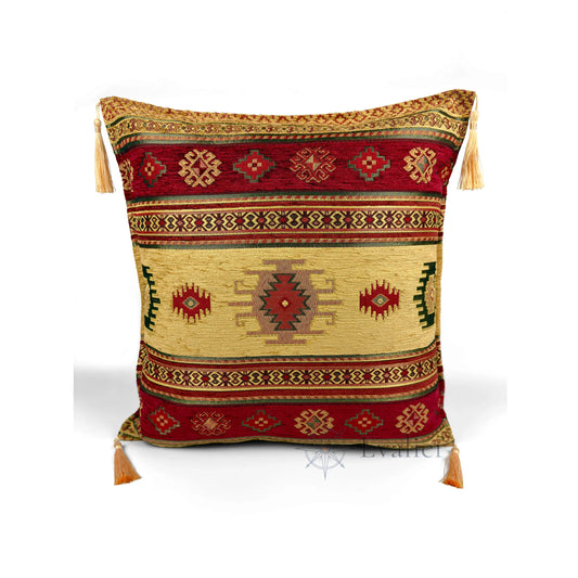 Evalier Saffron pillow cover – front view, Heritage Kilim woven decorative cushion cover with kilim-inspired motif and corner tassels (45 × 45 cm / 18 × 18 in)