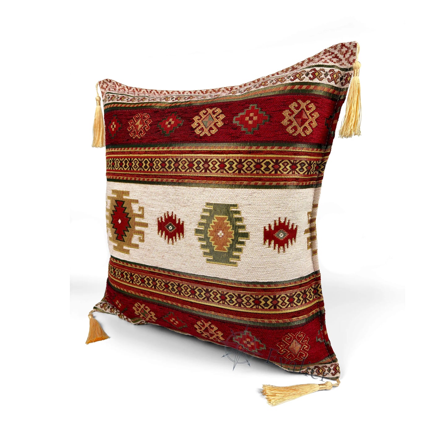Evalier Pomegranate pillow cover – angled front view, Heritage Kilim woven decorative cushion cover highlighting the kilim-inspired motif, textured fabric, and elegant corner tassels (45 × 45 cm / 18 × 18 in)