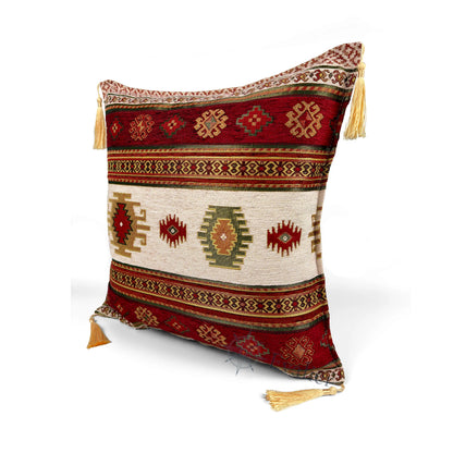 Evalier Pomegranate pillow cover – angled front view, Heritage Kilim woven decorative cushion cover highlighting the kilim-inspired motif, textured fabric, and elegant corner tassels (45 × 45 cm / 18 × 18 in)