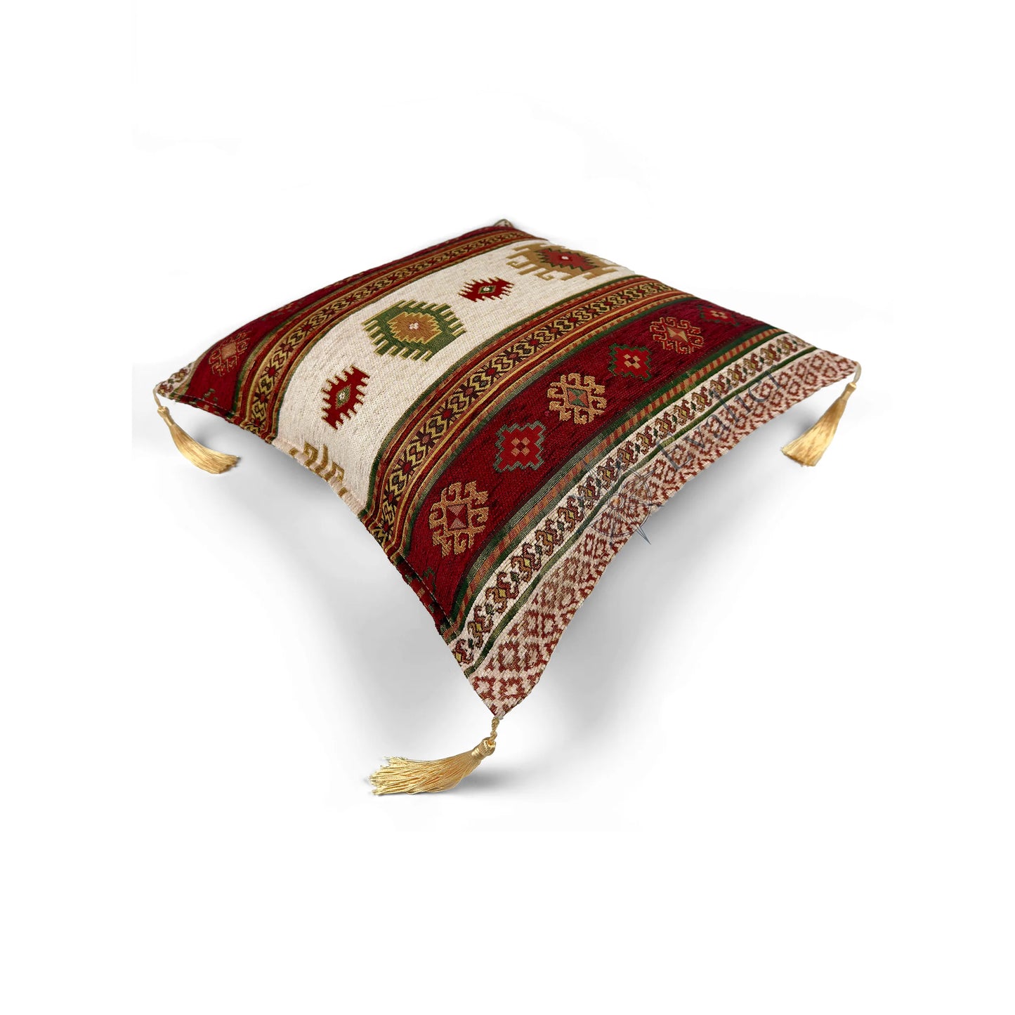 Evalier Pomegranate pillow cover – top angled view, Heritage Kilim woven decorative cushion cover showing overall shape, dimensional form, and kilim-inspired woven design (45 × 45 cm / 18 × 18 in)