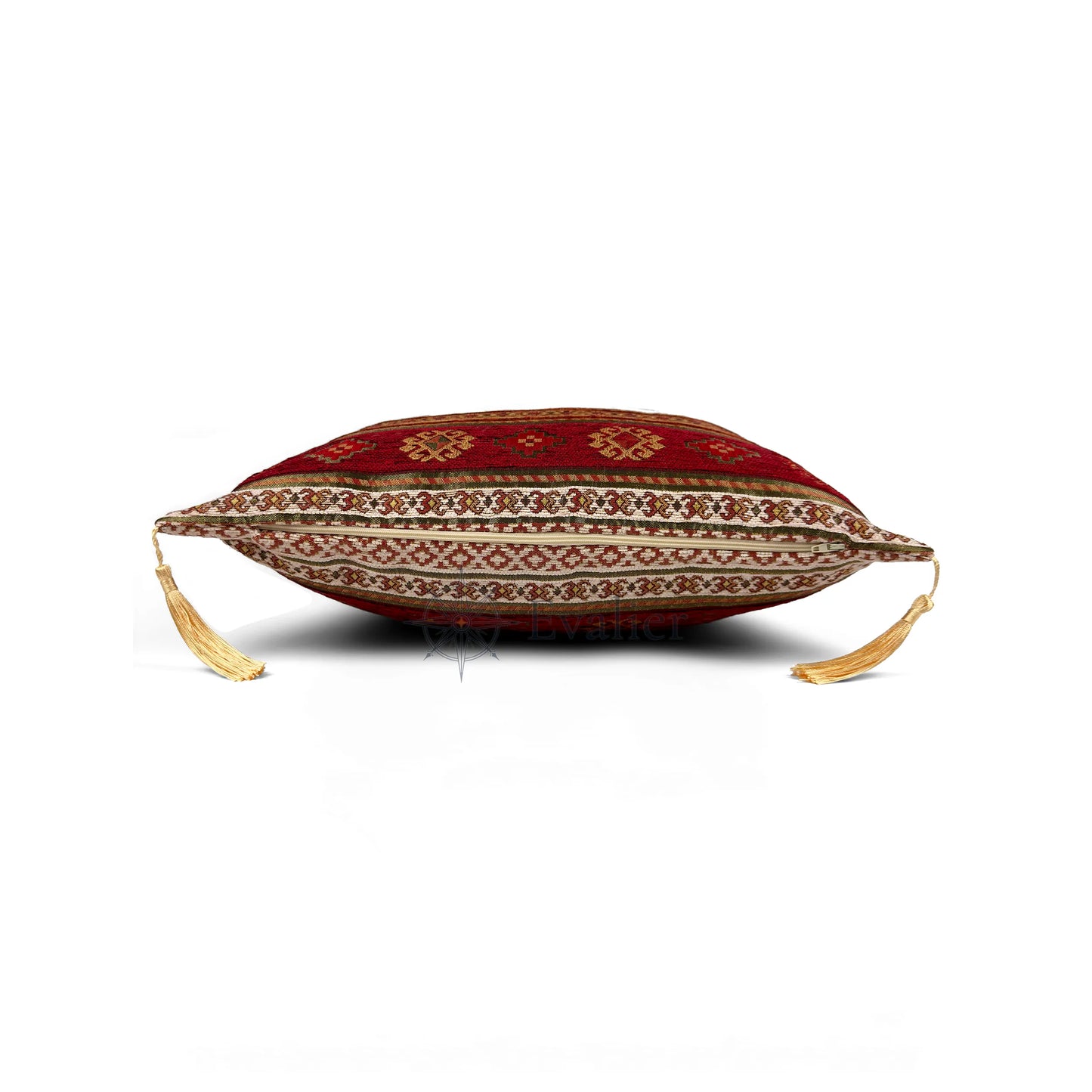 Evalier Ivory pillow cover – side profile with hidden zipper, Heritage Kilim woven decorative cushion cover showing closure detail, tailored construction, and corner tassels (45 × 45 cm / 18 × 18 in)