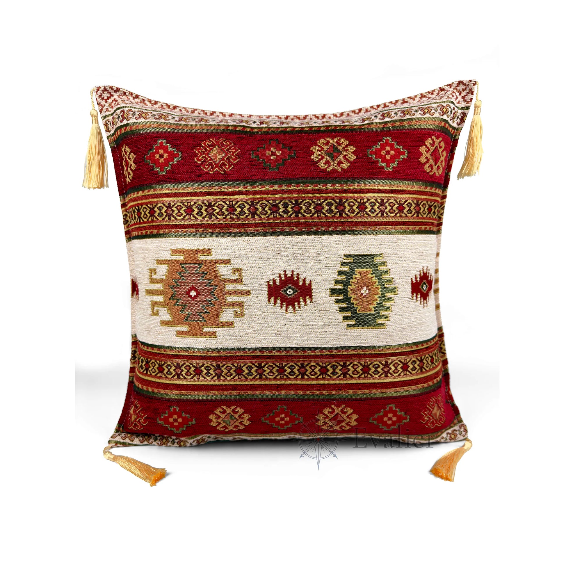 Evalier Pomegranate pillow cover – front view, Heritage Kilim woven decorative cushion cover with kilim-inspired motif and corner tassels (45 × 45 cm / 18 × 18 in)