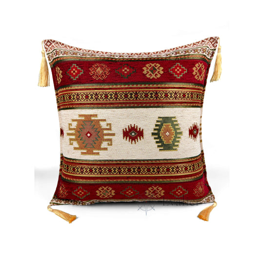 Evalier Pomegranate pillow cover – front view, Heritage Kilim woven decorative cushion cover with kilim-inspired motif and corner tassels (45 × 45 cm / 18 × 18 in)