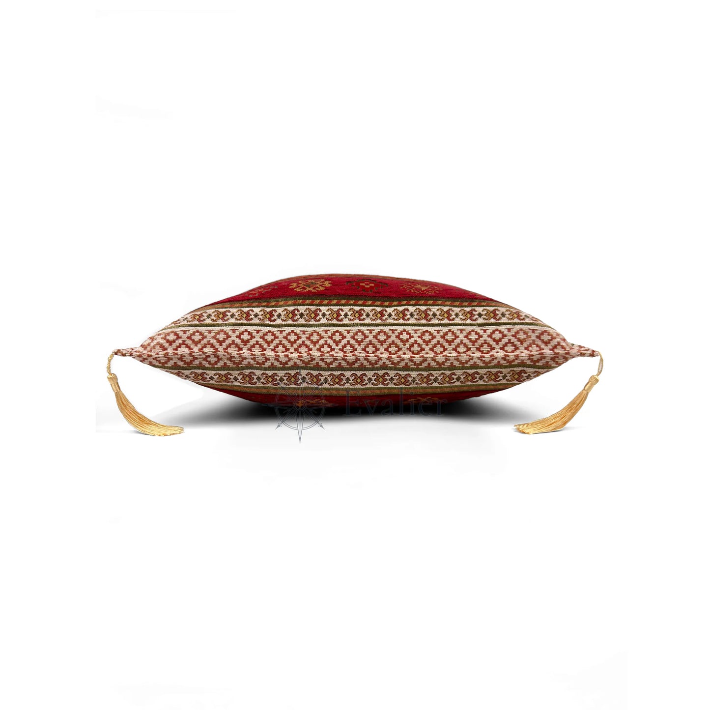 Evalier Pomegranate pillow cover – side profile view, Heritage Kilim woven decorative cushion cover showing thickness, structured silhouette, and refined shape (45 × 45 cm / 18 × 18 in)