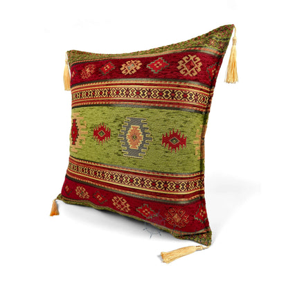 Evalier Olive pillow cover – angled front view, Heritage Kilim woven decorative cushion cover highlighting the kilim-inspired motif, textured fabric, and elegant corner tassels (45 × 45 cm / 18 × 18 in)
