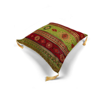 Evalier Olive pillow cover – top angled view, Heritage Kilim woven decorative cushion cover showing overall shape, dimensional form, and kilim-inspired woven design (45 × 45 cm / 18 × 18 in)