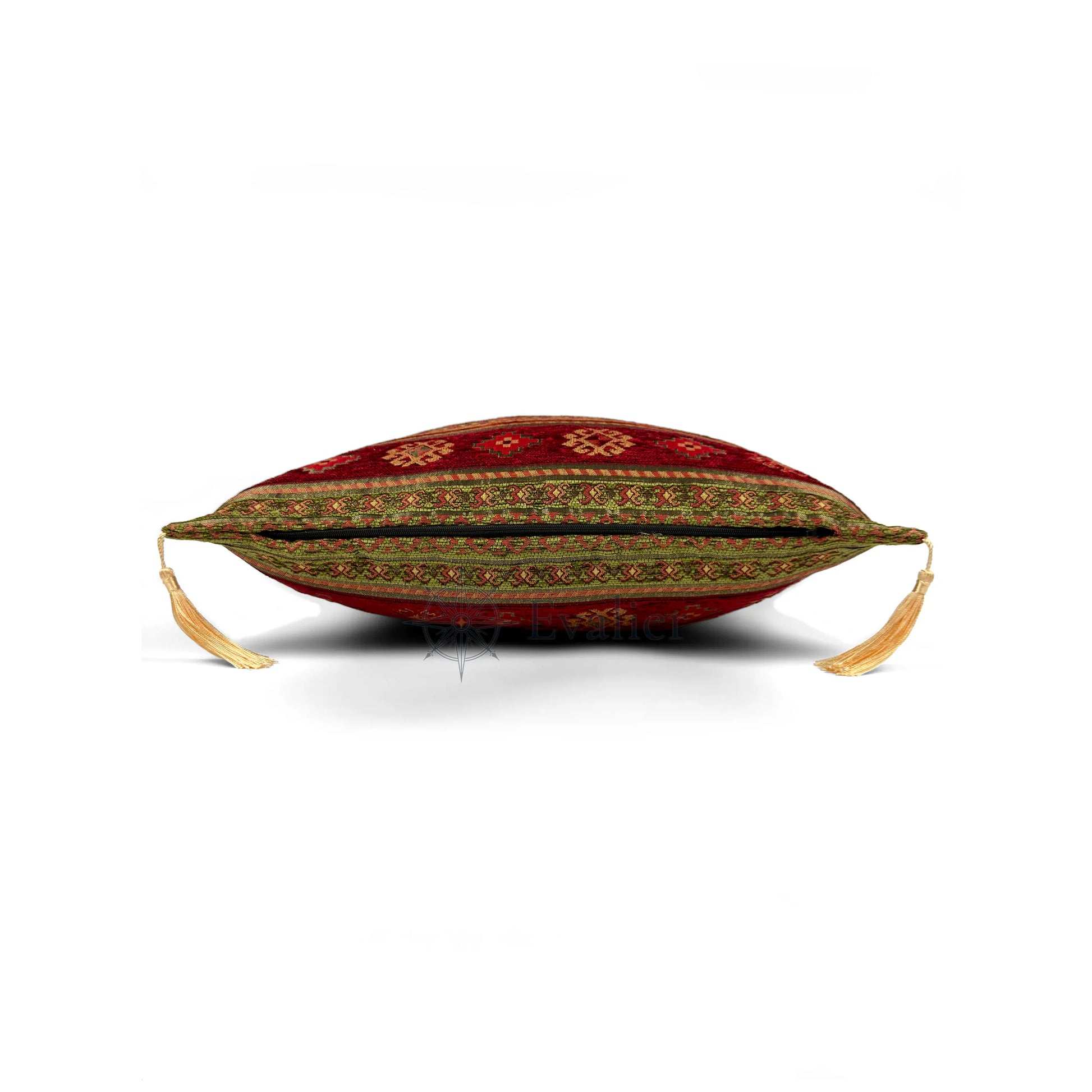 Evalier Olive pillow cover – side profile with hidden zipper, Heritage Kilim woven decorative cushion cover showing closure detail, tailored construction, and corner tassels (45 × 45 cm / 18 × 18 in)