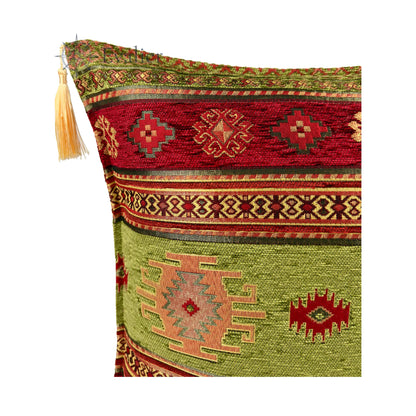 Evalier Olive pillow cover – close-up corner detail, Heritage Kilim woven cushion cover showing fabric texture, kilim-inspired woven pattern, and tassel detail (45 × 45 cm / 18 × 18 in)