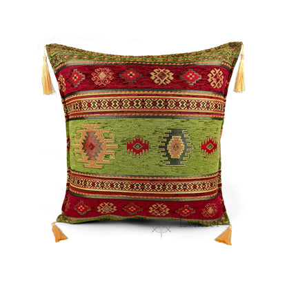 Evalier Olive pillow cover – front view, Heritage Kilim woven decorative cushion cover with kilim-inspired motif and corner tassels (45 × 45 cm / 18 × 18 in)