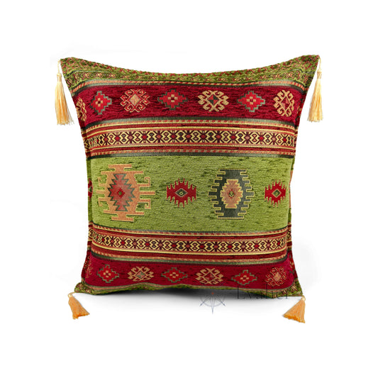 Evalier Olive pillow cover – front view, Heritage Kilim woven decorative cushion cover with kilim-inspired motif and corner tassels (45 × 45 cm / 18 × 18 in)