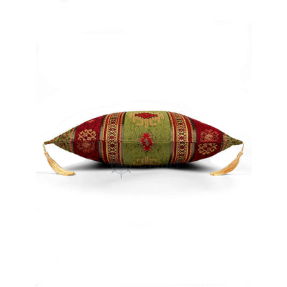 Evalier Olive pillow cover – side profile view, Heritage Kilim woven decorative cushion cover showing thickness, structured silhouette, and refined shape (45 × 45 cm / 18 × 18 in)