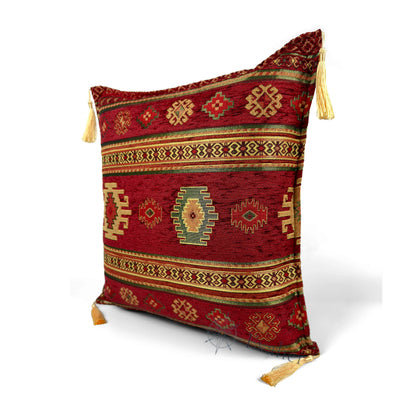 Evalier Crimson pillow cover – angled front view, Heritage Kilim woven decorative cushion cover highlighting the kilim-inspired motif, textured fabric, and elegant corner tassels (45 × 45 cm / 18 × 18 in)