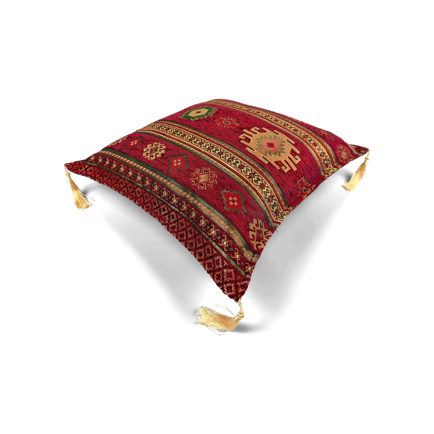 Evalier Crimson pillow cover – top angled view, Heritage Kilim woven decorative cushion cover showing overall shape, dimensional form, and kilim-inspired woven design (45 × 45 cm / 18 × 18 in)