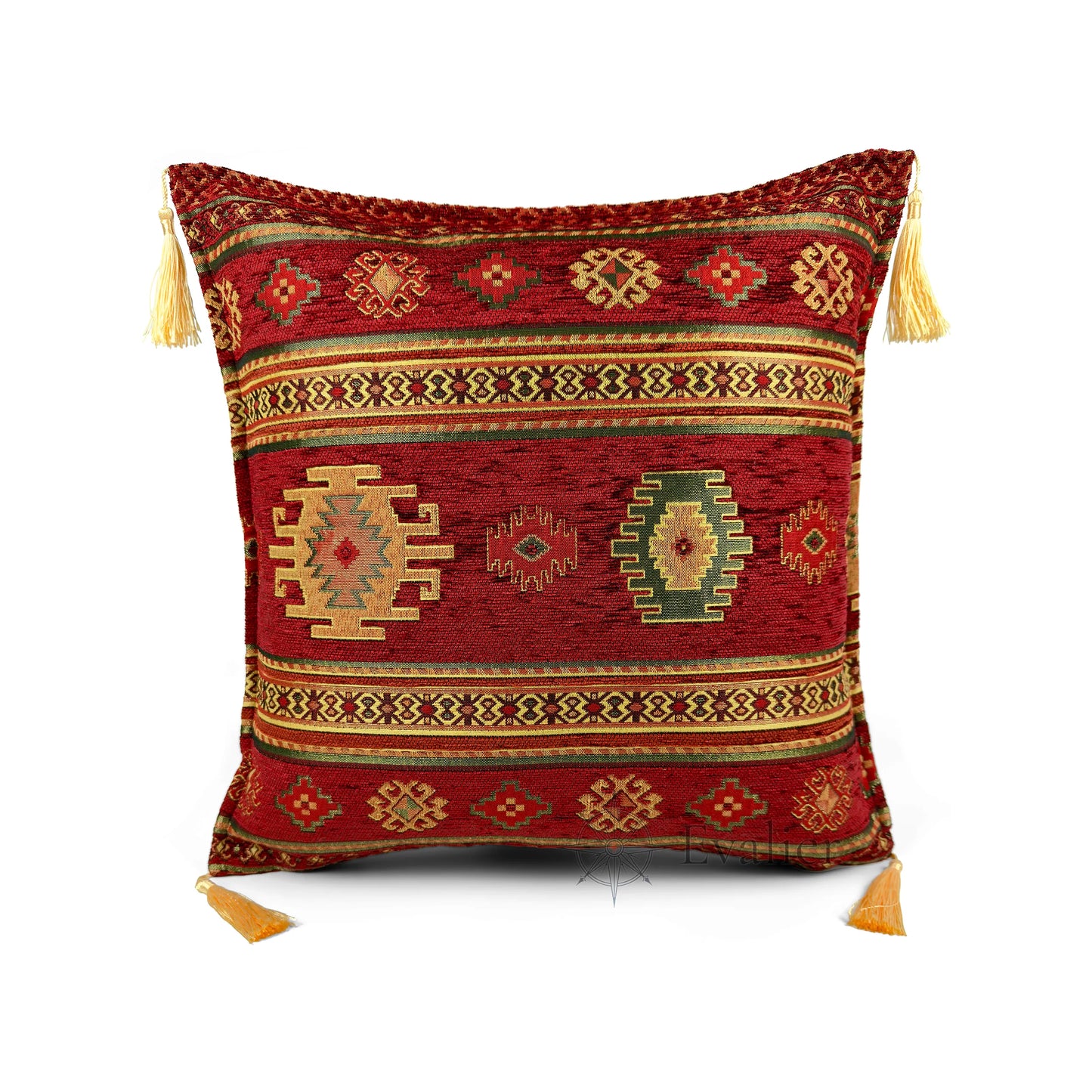 Evalier Crimson pillow cover – front view, Heritage Kilim woven decorative cushion cover with kilim-inspired motif and corner tassels (45 × 45 cm / 18 × 18 in)