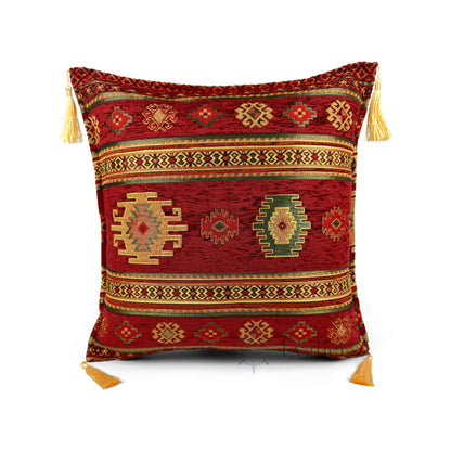 Evalier Crimson pillow cover – front view, Heritage Kilim woven decorative cushion cover with kilim-inspired motif and corner tassels (45 × 45 cm / 18 × 18 in)