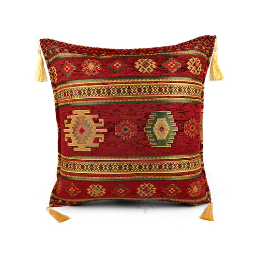 Evalier Crimson pillow cover – front view, Heritage Kilim woven decorative cushion cover with kilim-inspired motif and corner tassels (45 × 45 cm / 18 × 18 in)