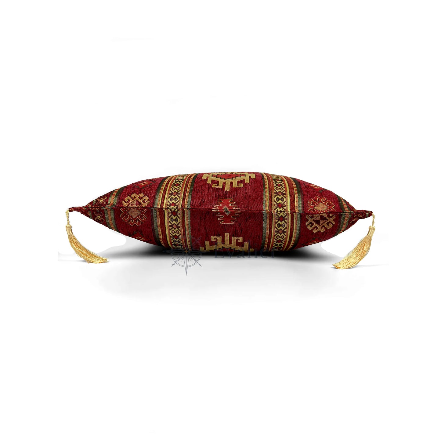 Evalier Crimson pillow cover – side profile view, Heritage Kilim woven decorative cushion cover showing thickness, structured silhouette, and refined shape (45 × 45 cm / 18 × 18 in)
