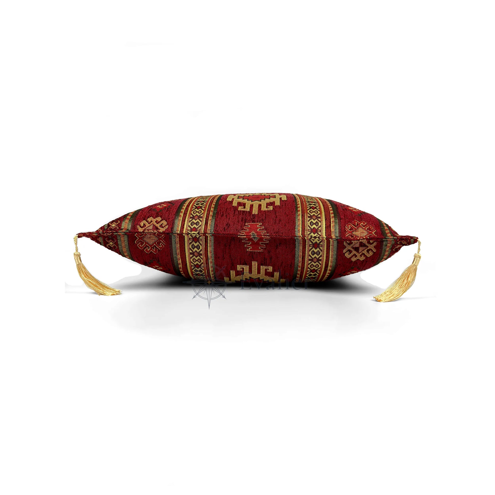 Evalier Crimson pillow cover – side profile view, Heritage Kilim woven decorative cushion cover showing thickness, structured silhouette, and refined shape (45 × 45 cm / 18 × 18 in)