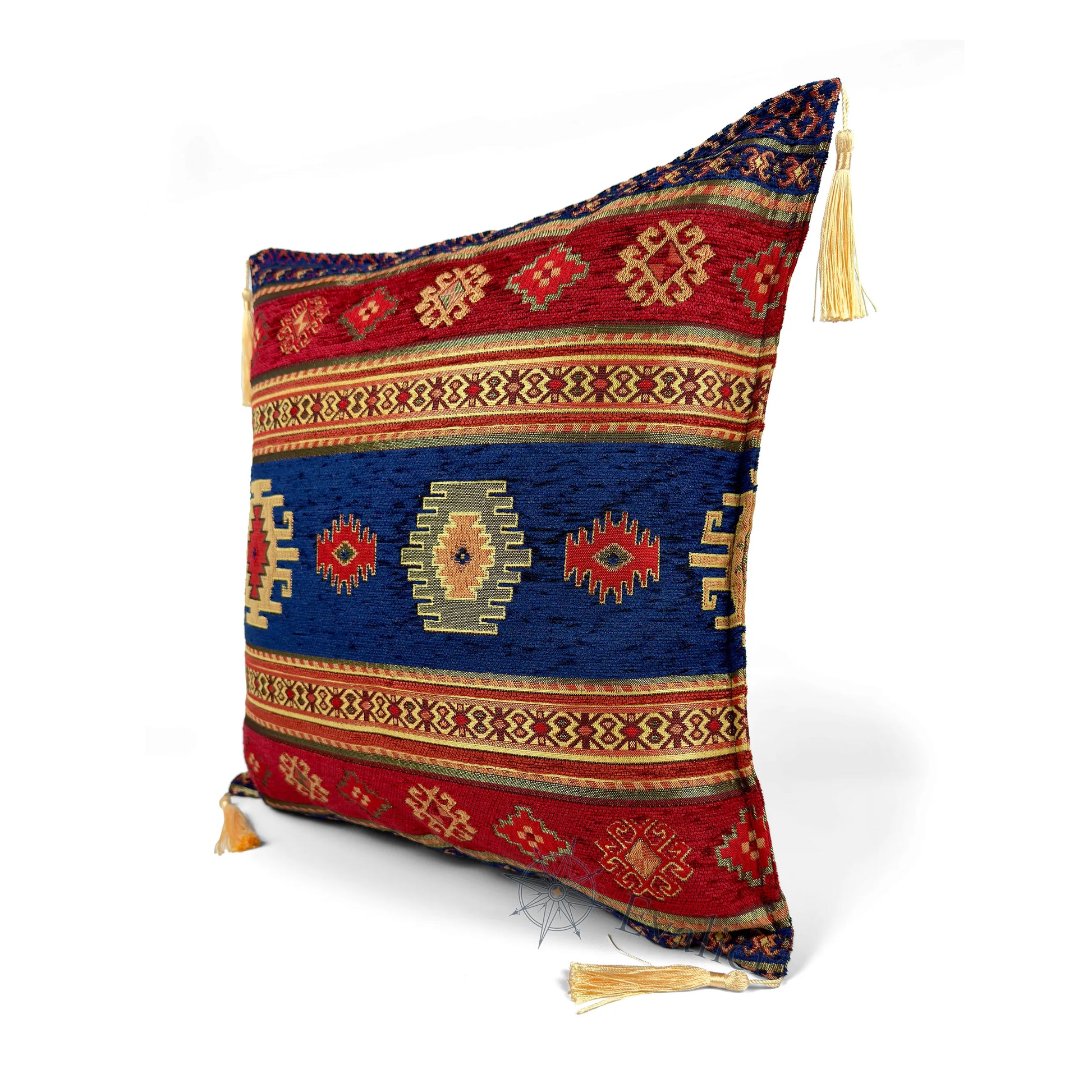 Evalier Sapphire pillow cover – angled front view, Heritage Kilim woven decorative cushion cover highlighting the kilim-inspired motif, textured fabric, and elegant corner tassels (45 × 45 cm / 18 × 18 in)