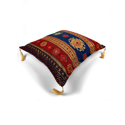 Evalier Sapphire pillow cover – top angled view, Heritage Kilim woven decorative cushion cover showing overall shape, dimensional form, and kilim-inspired woven design (45 × 45 cm / 18 × 18 in)