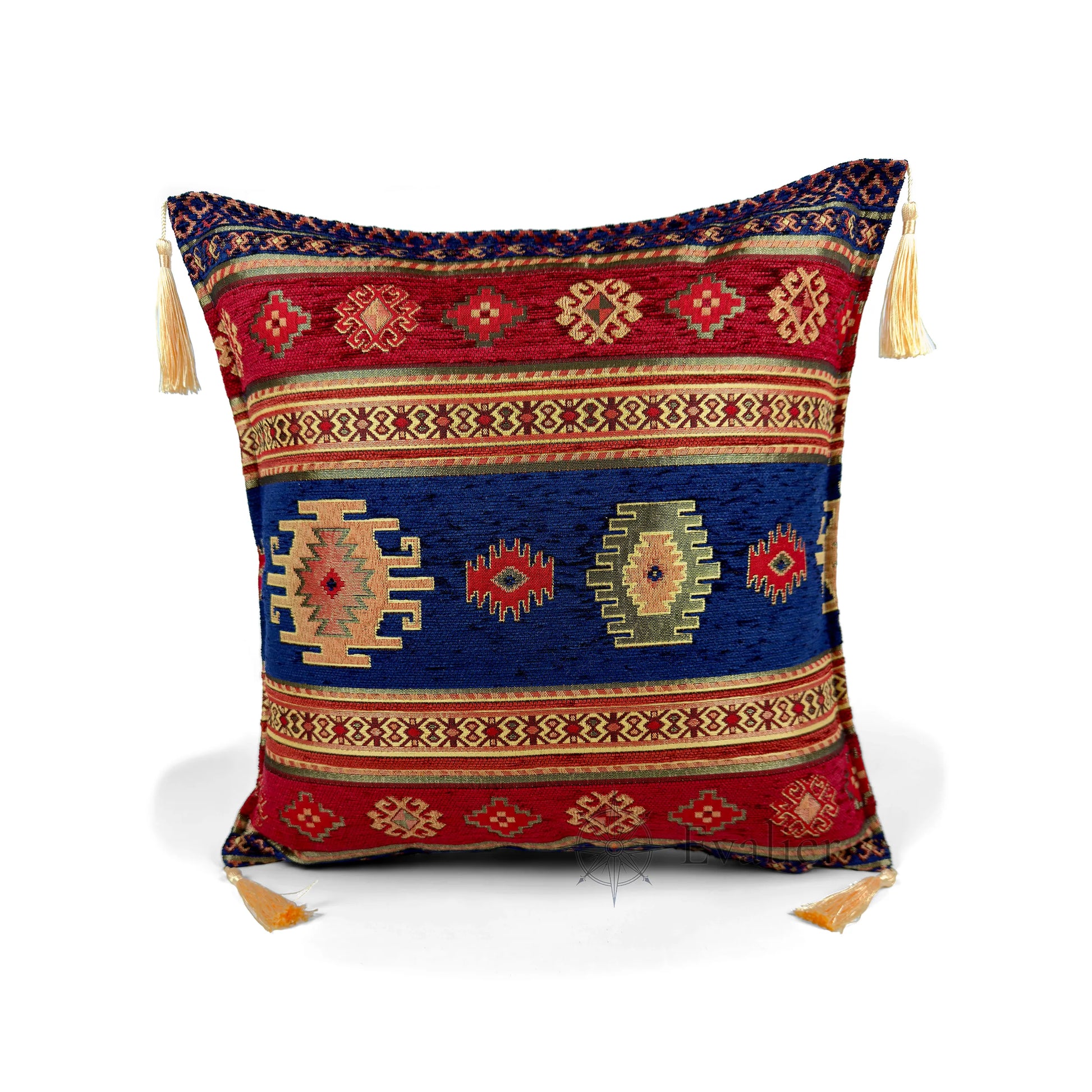 Evalier Sapphire pillow cover – front view, Heritage Kilim woven decorative cushion cover with kilim-inspired motif and corner tassels (45 × 45 cm / 18 × 18 in)