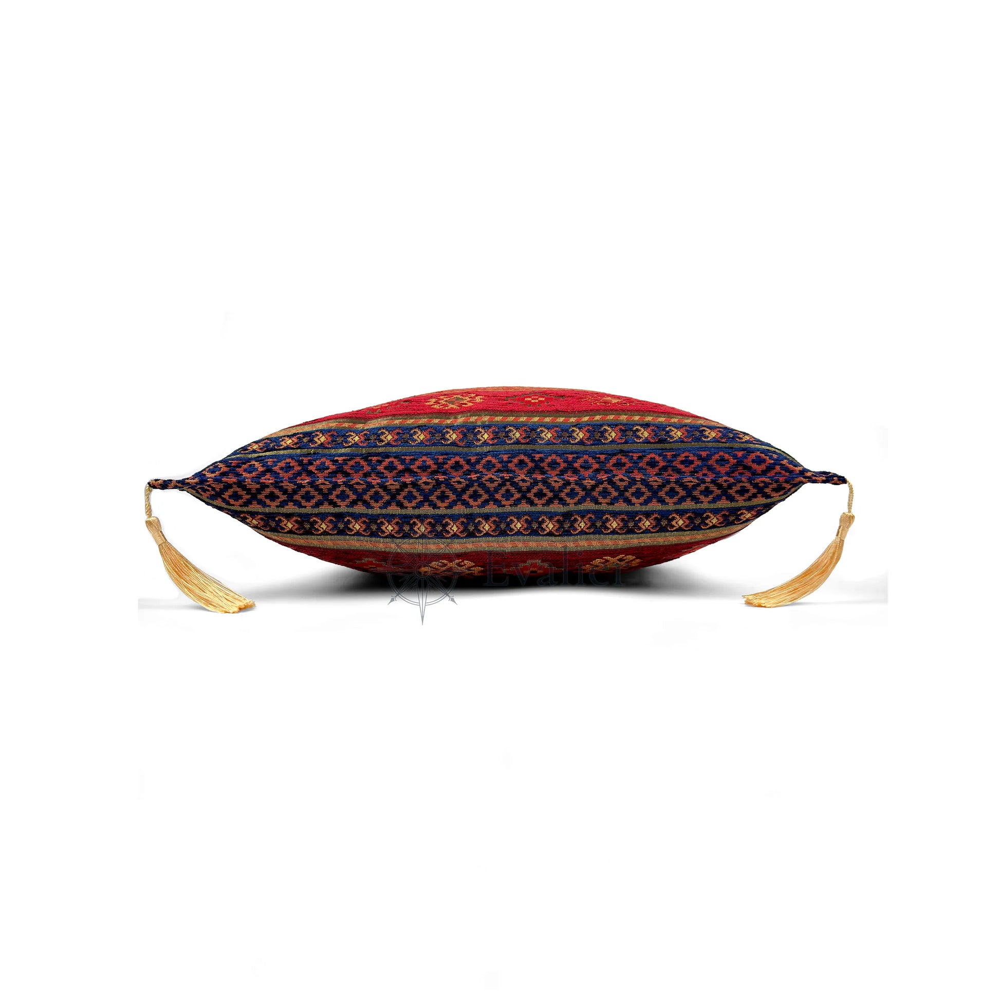 Evalier Sapphire pillow cover – side profile view, Heritage Kilim woven decorative cushion cover showing thickness, structured silhouette, and refined shape (45 × 45 cm / 18 × 18 in)