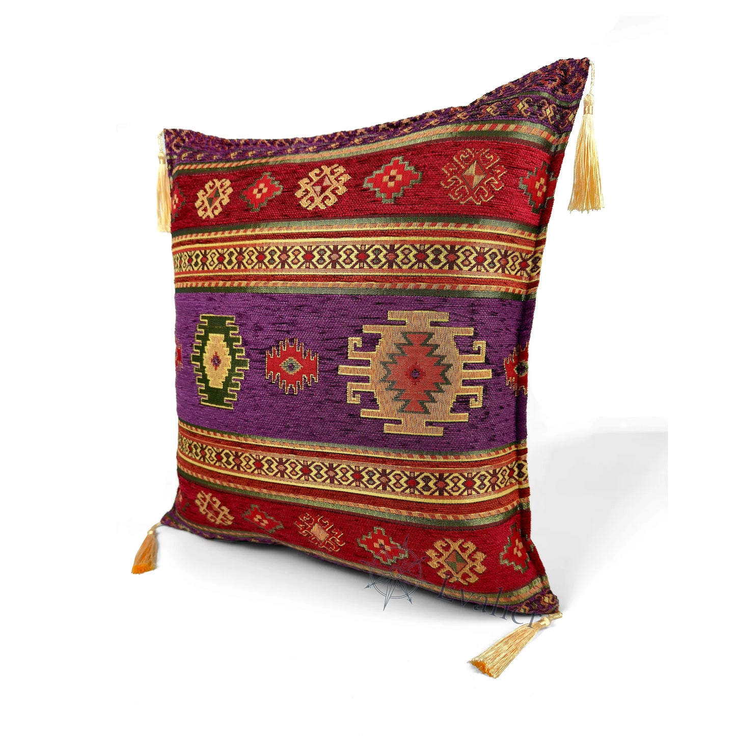 Evalier Amethyst pillow cover – angled front view, Heritage Kilim woven decorative cushion cover highlighting the kilim-inspired motif, textured fabric, and elegant corner tassels (45 × 45 cm / 18 × 18 in)