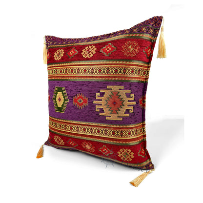Evalier Amethyst pillow cover – angled front view, Heritage Kilim woven decorative cushion cover highlighting the kilim-inspired motif, textured fabric, and elegant corner tassels (45 × 45 cm / 18 × 18 in)