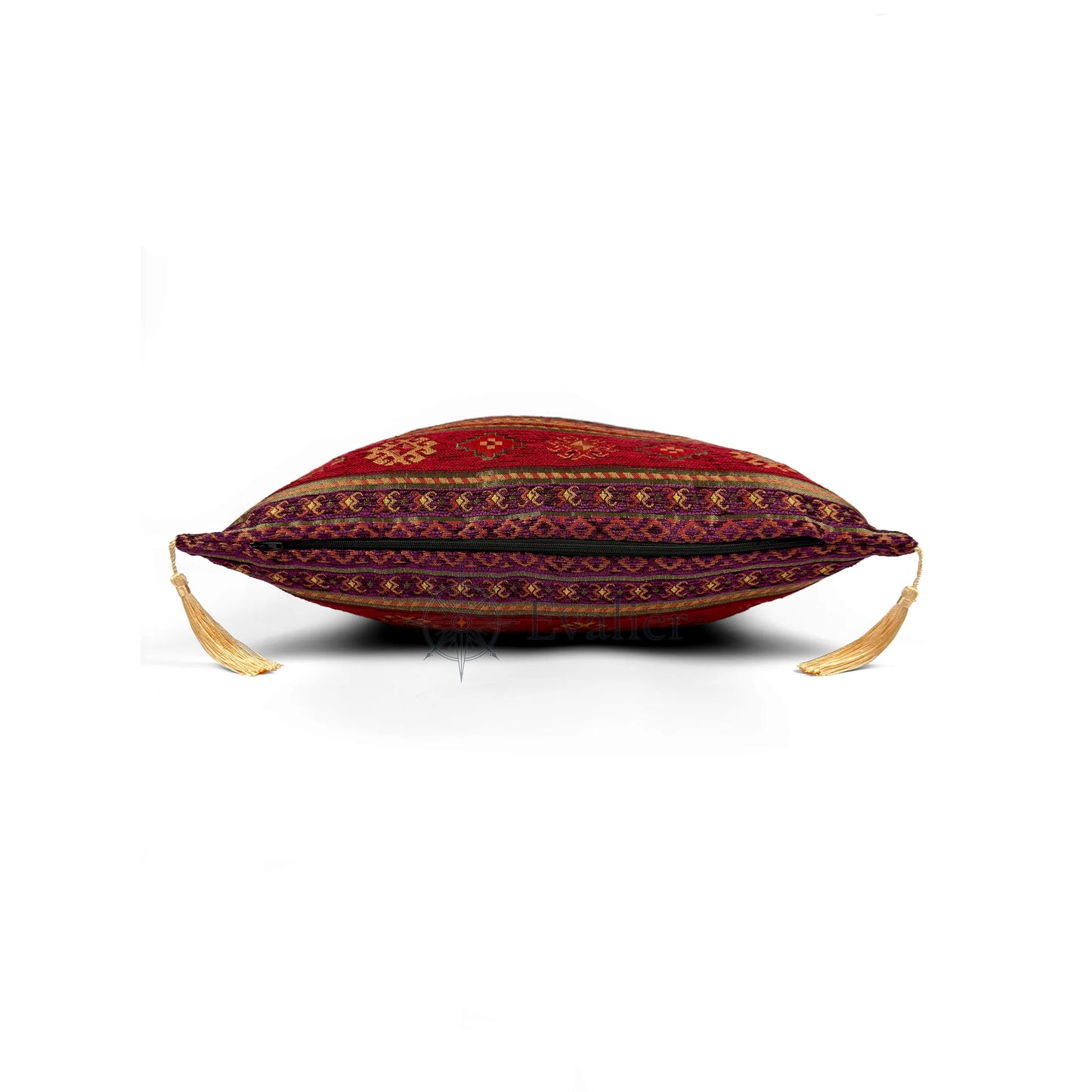 Evalier Amethyst pillow cover – side profile with hidden zipper, Heritage Kilim woven decorative cushion cover showing closure detail, tailored construction, and corner tassels (45 × 45 cm / 18 × 18 in)
