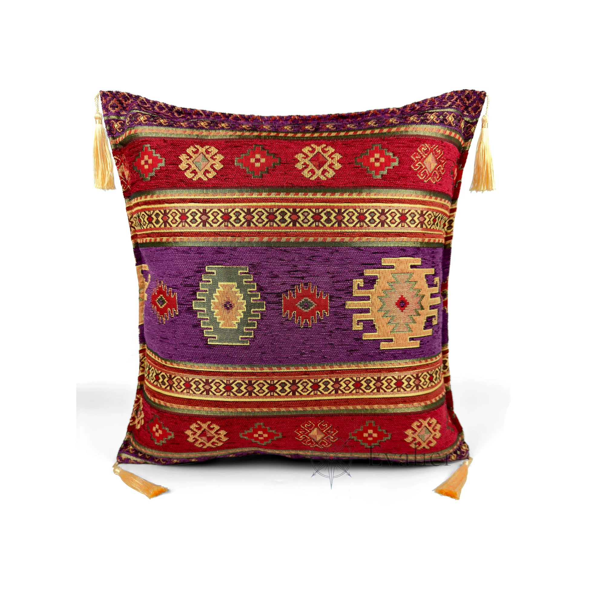 Evalier Amethyst pillow cover – front view, Heritage Kilim woven decorative cushion cover with kilim-inspired motif and corner tassels (45 × 45 cm / 18 × 18 in)