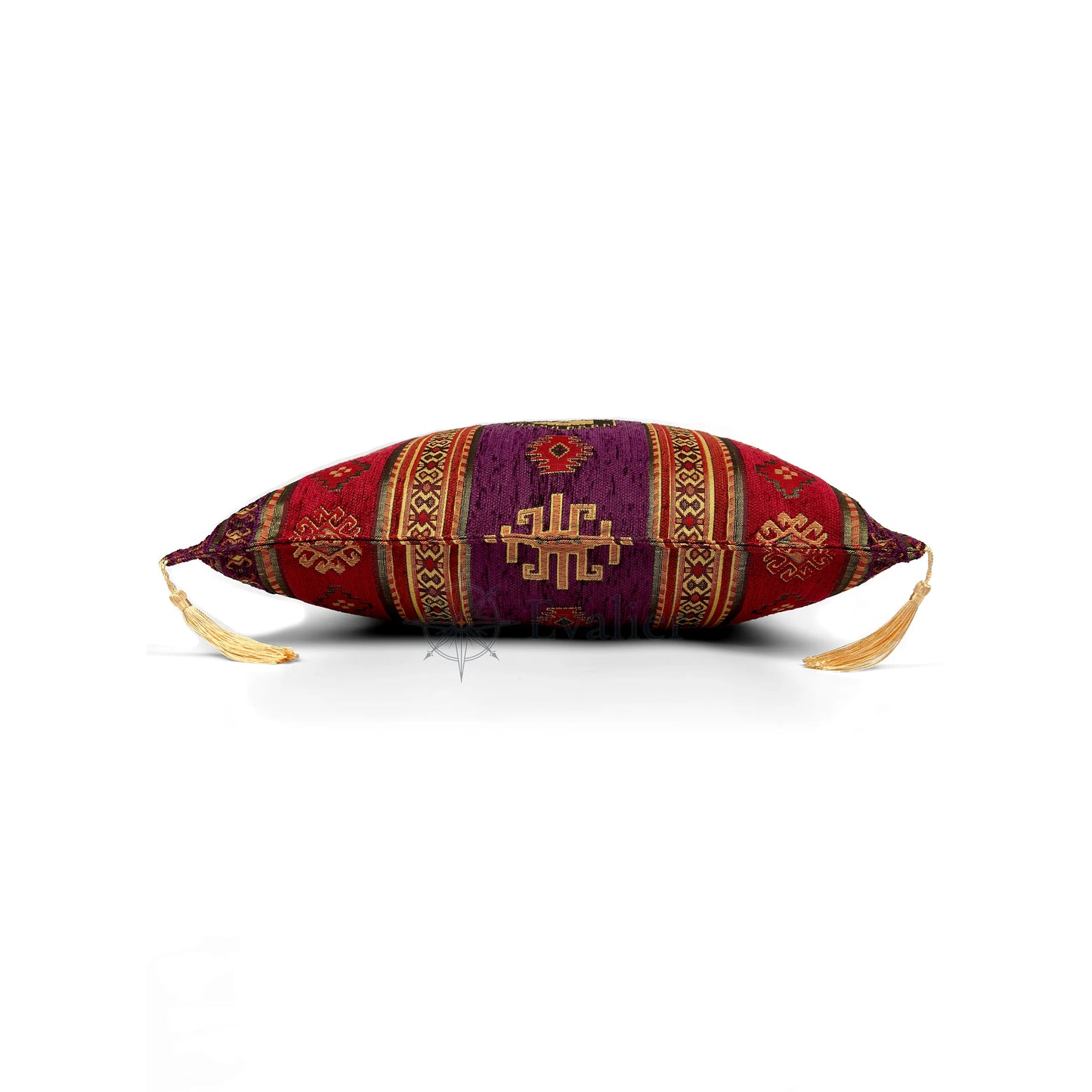 Evalier Amethyst pillow cover – side profile view, Heritage Kilim woven decorative cushion cover showing thickness, structured silhouette, and refined shape (45 × 45 cm / 18 × 18 in)