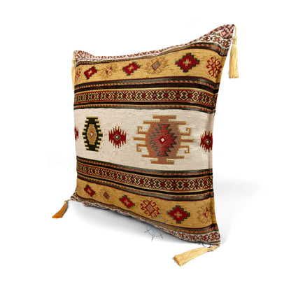 Evalier Desert Ivory pillow cover – angled front view, Heritage Kilim woven decorative cushion cover highlighting the kilim-inspired motif, textured fabric, and elegant corner tassels (45 × 45 cm / 18 × 18 in)