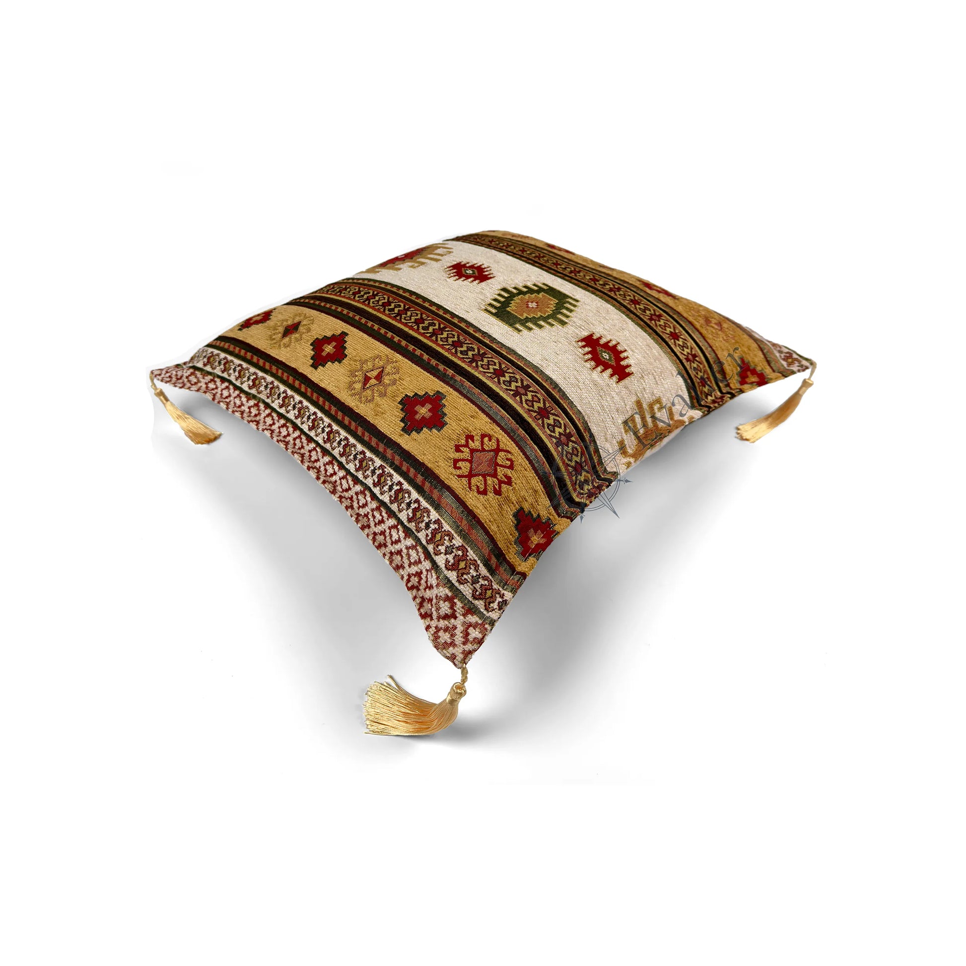 Evalier Desert Ivory pillow cover – top angled view, Heritage Kilim woven decorative cushion cover showing overall shape, dimensional form, and kilim-inspired woven design (45 × 45 cm / 18 × 18 in)