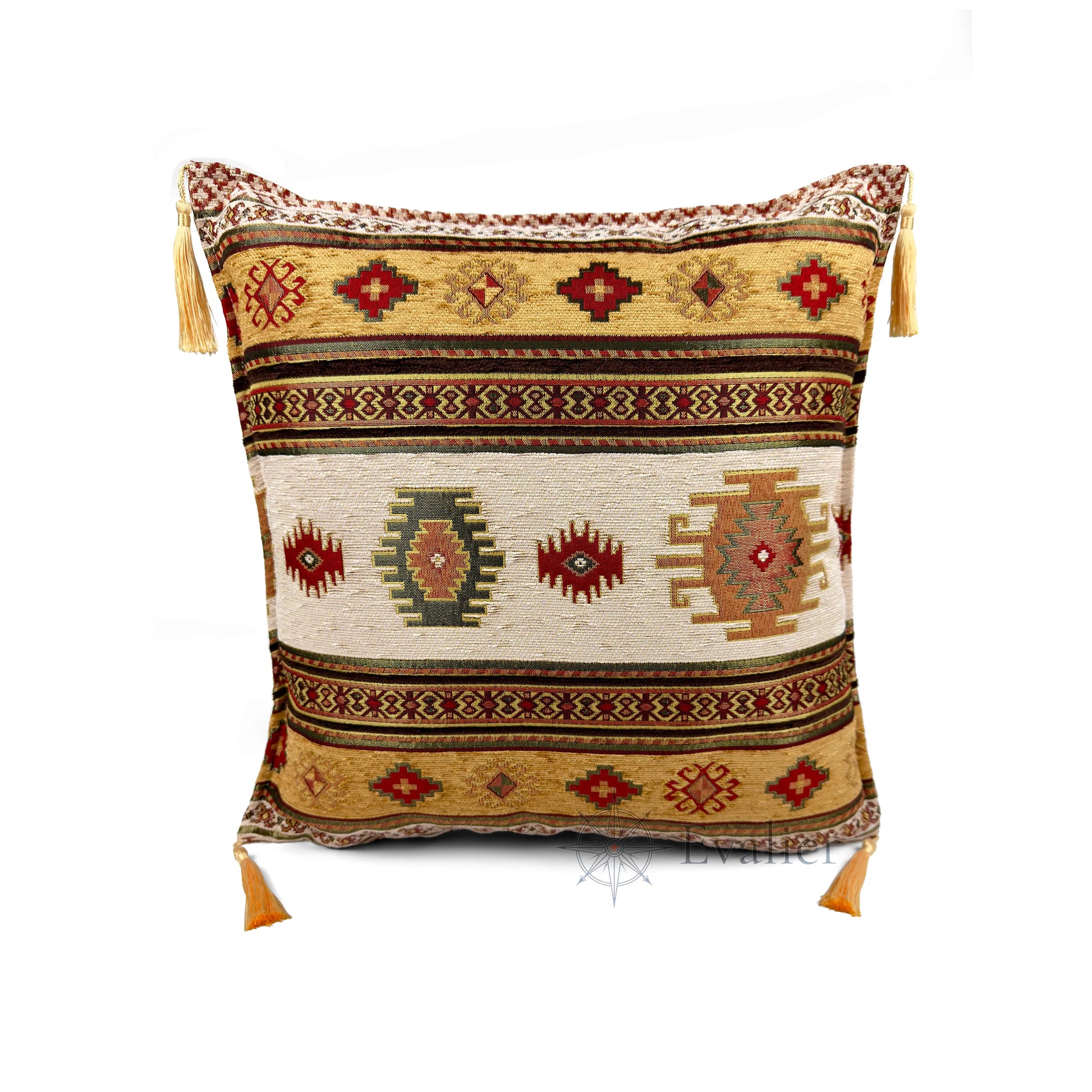 Evalier Desert Ivory pillow cover – front view, Heritage Kilim woven decorative cushion cover with kilim-inspired motif and corner tassels (45 × 45 cm / 18 × 18 in)
