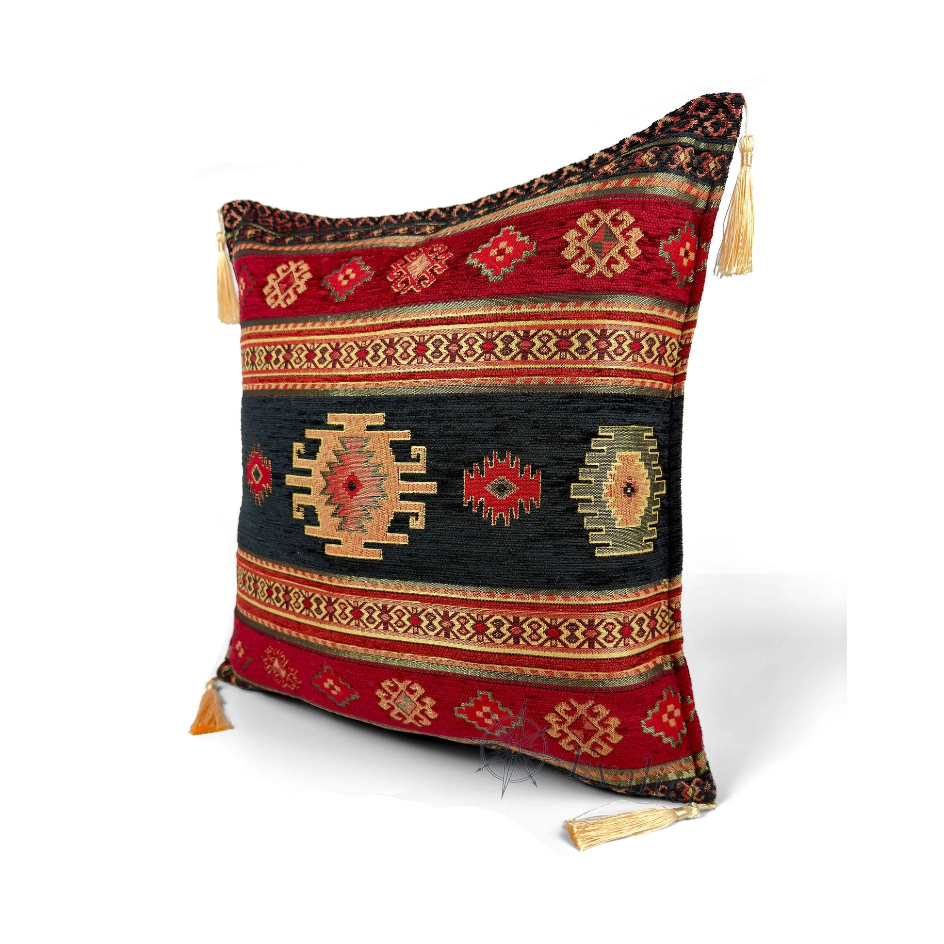 Evalier Midnight Black pillow cover – angled front view, Heritage Kilim woven decorative cushion cover highlighting the kilim-inspired motif, textured fabric, and elegant corner tassels (45 × 45 cm / 18 × 18 in)