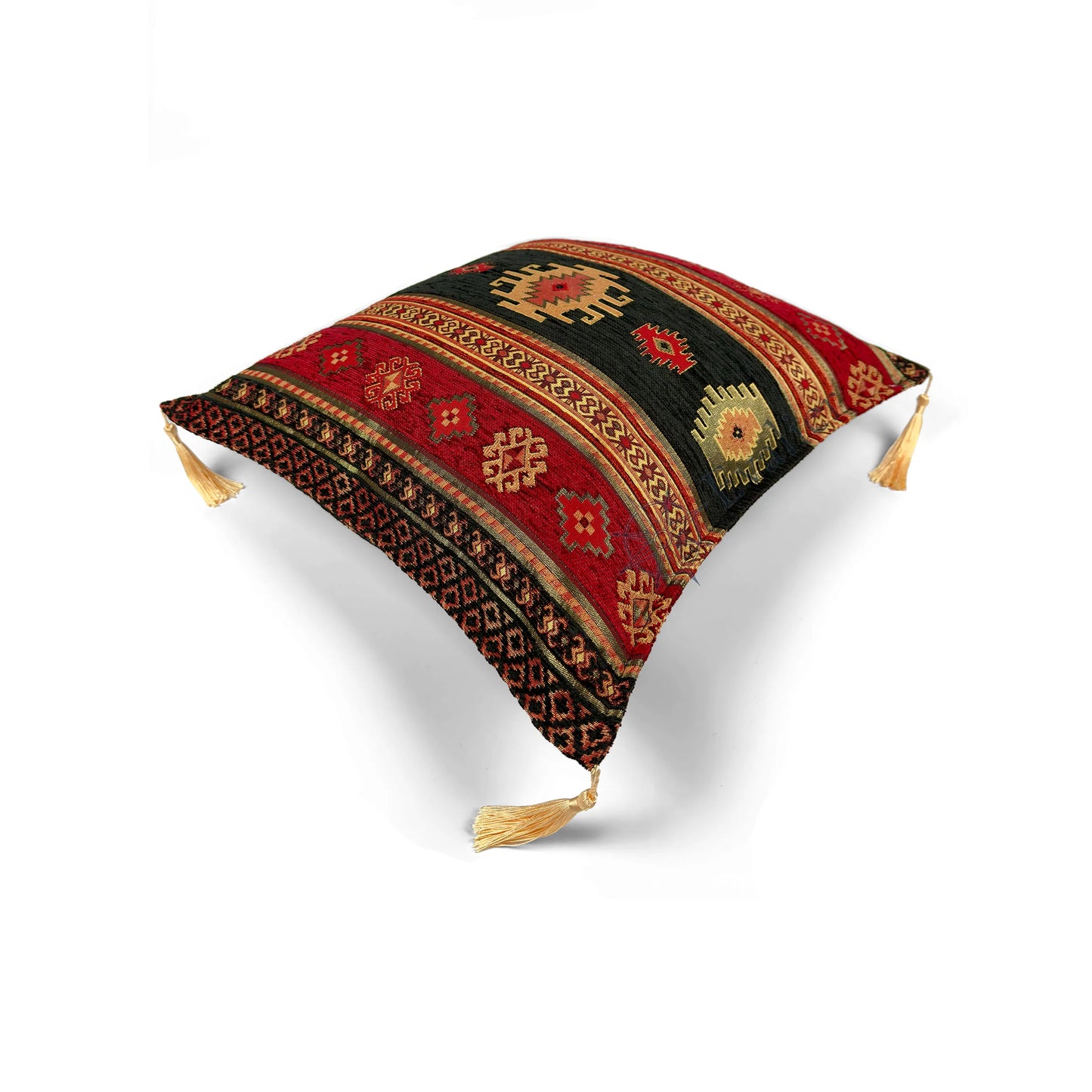 Evalier Midnight Black pillow cover – top angled view, Heritage Kilim woven decorative cushion cover showing overall shape, dimensional form, and kilim-inspired woven design (45 × 45 cm / 18 × 18 in)