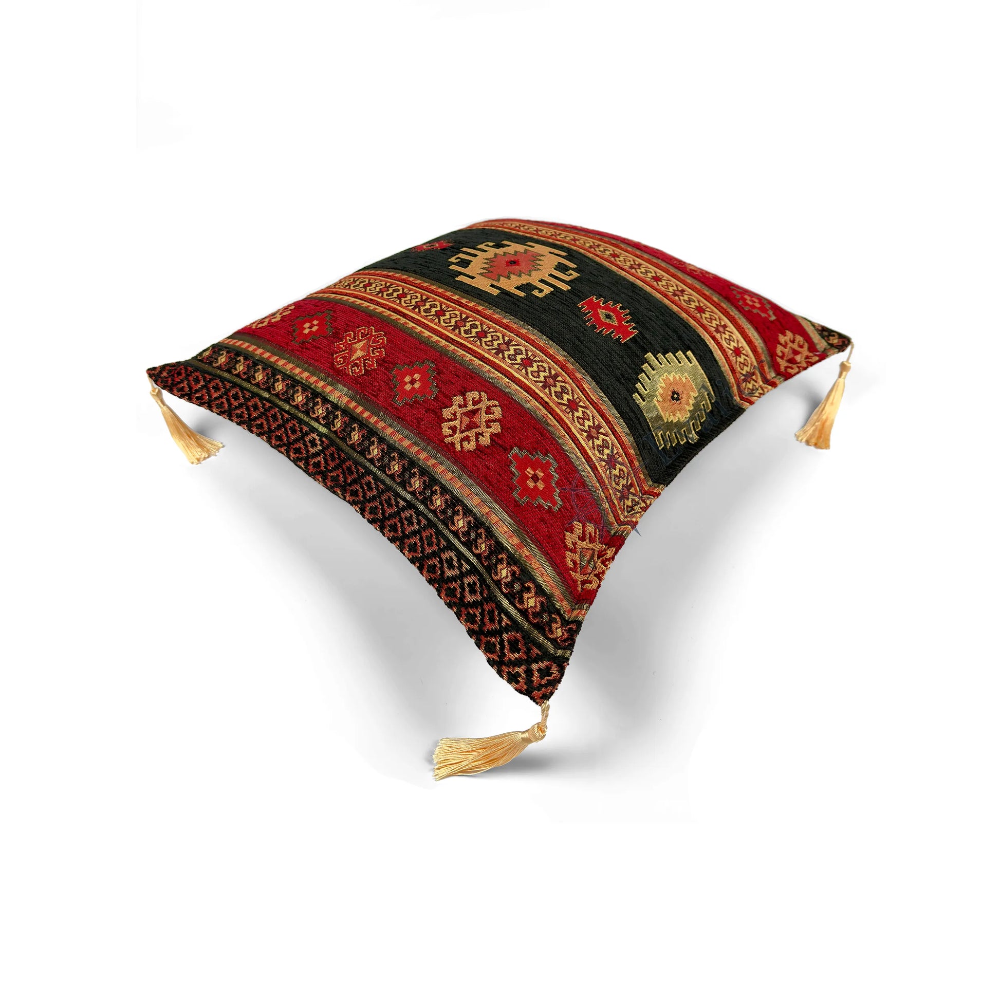 Evalier Midnight Black pillow cover – top angled view, Heritage Kilim woven decorative cushion cover showing overall shape, dimensional form, and kilim-inspired woven design (45 × 45 cm / 18 × 18 in)