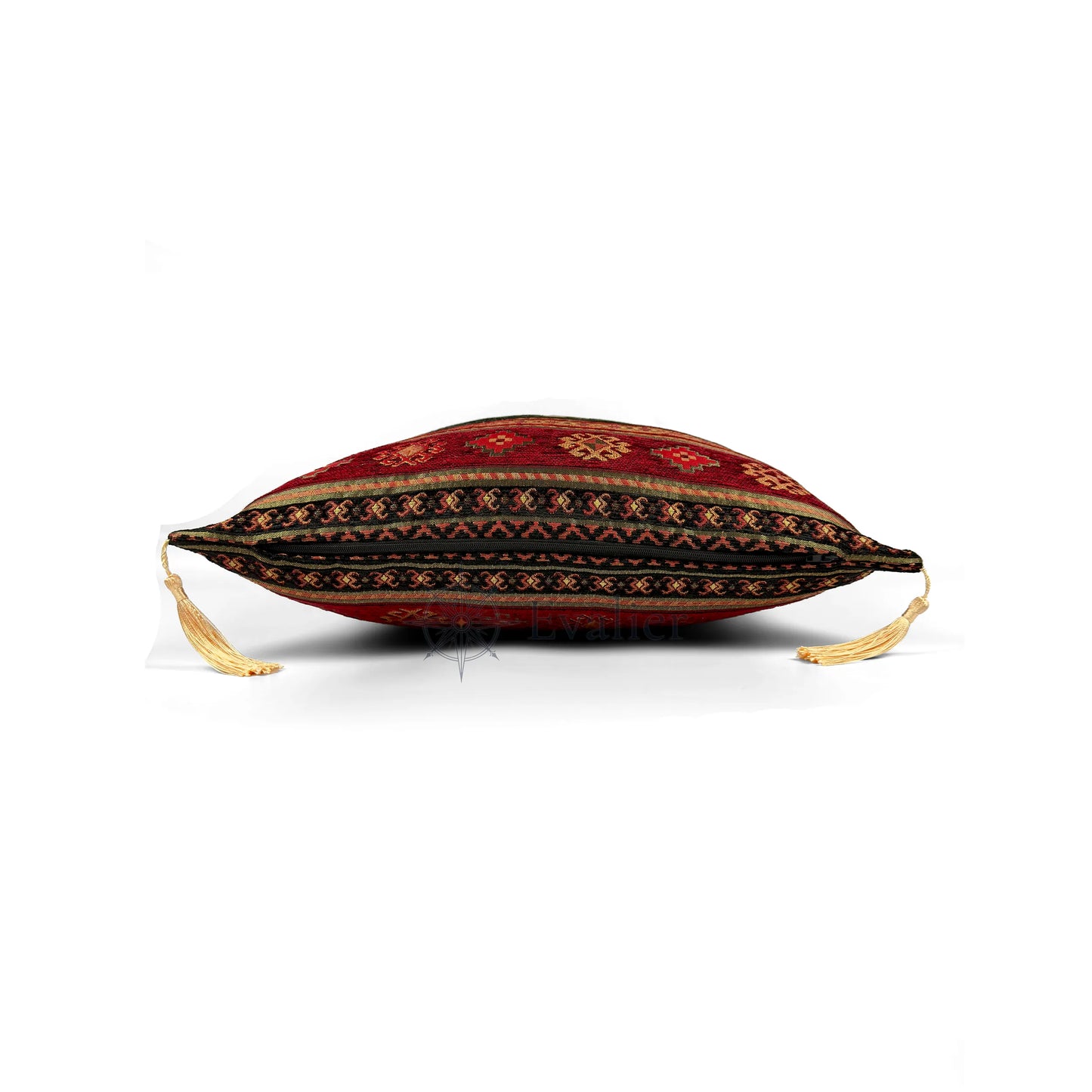 Evalier Midnight Black pillow cover – side profile with hidden zipper, Heritage Kilim woven decorative cushion cover showing closure detail, tailored construction, and corner tassels (45 × 45 cm / 18 × 18 in)