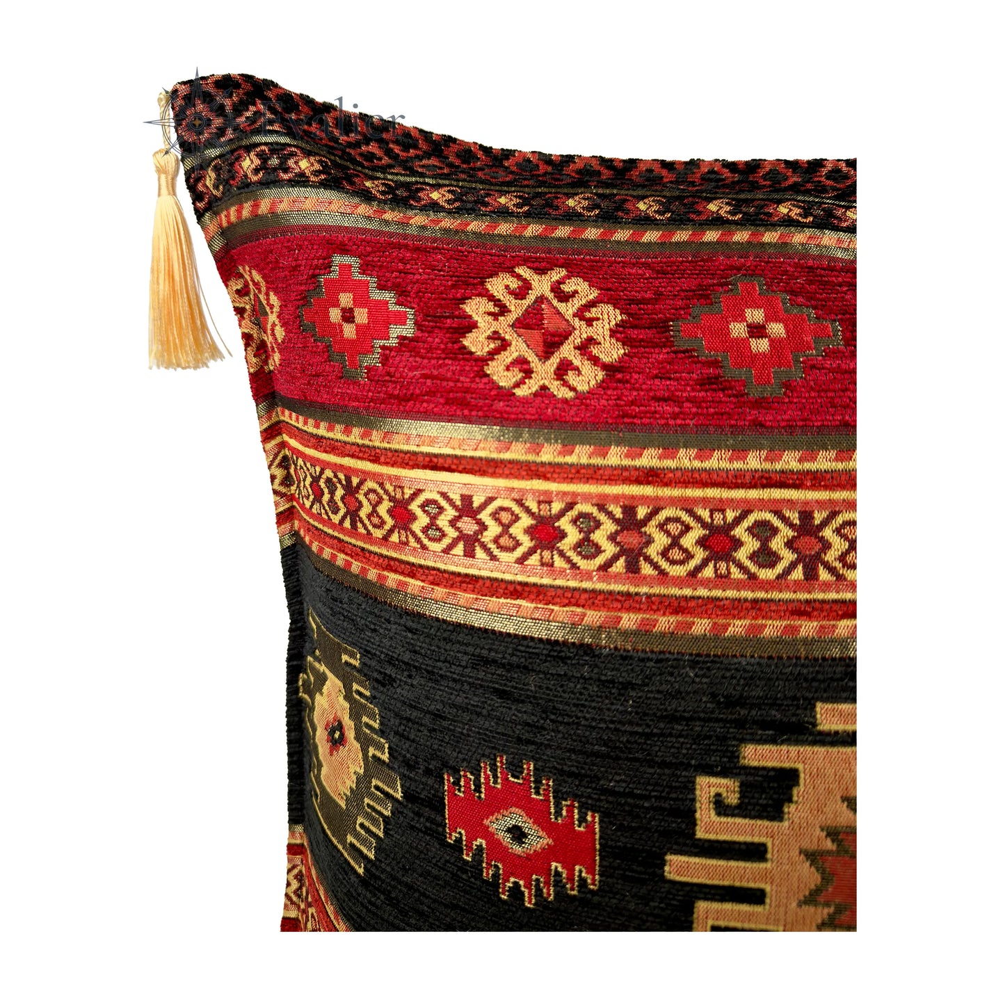 Evalier Midnight Black pillow cover – close-up corner detail, Heritage Kilim woven cushion cover showing fabric texture, kilim-inspired woven pattern, and tassel detail (45 × 45 cm / 18 × 18 in)