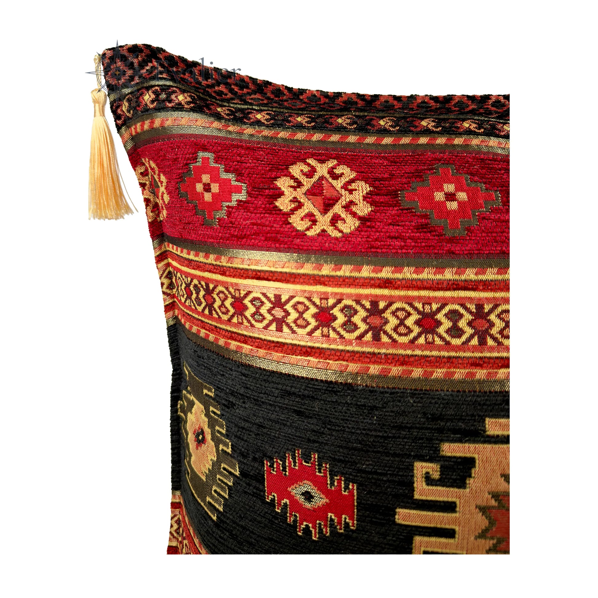 Evalier Midnight Black pillow cover – close-up corner detail, Heritage Kilim woven cushion cover showing fabric texture, kilim-inspired woven pattern, and tassel detail (45 × 45 cm / 18 × 18 in)