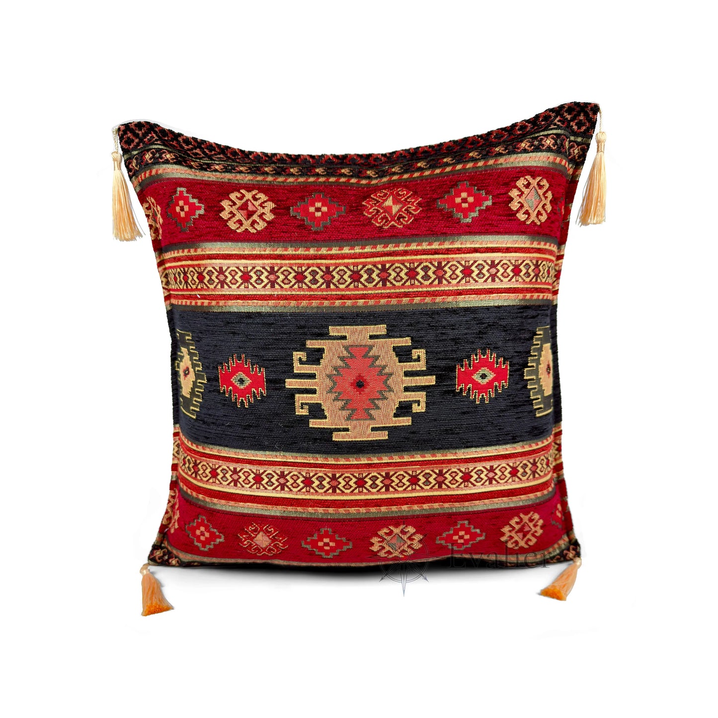 Evalier Midnight Black pillow cover – front view, Heritage Kilim woven decorative cushion cover with kilim-inspired motif and corner tassels (45 × 45 cm / 18 × 18 in)