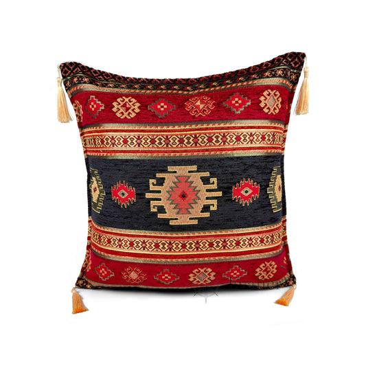 Evalier Midnight Black pillow cover – front view, Heritage Kilim woven decorative cushion cover with kilim-inspired motif and corner tassels (45 × 45 cm / 18 × 18 in)