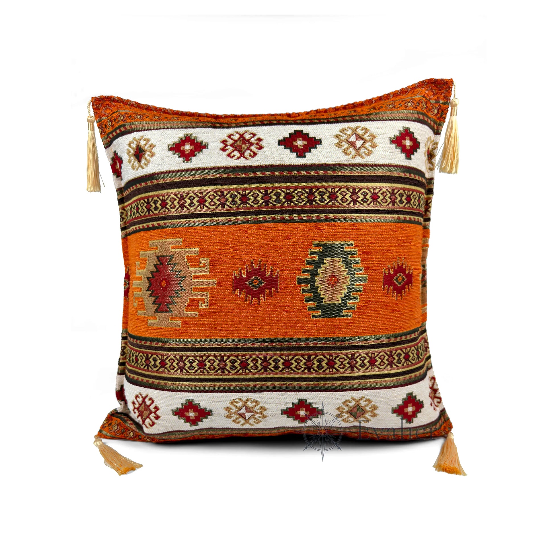 Evalier Amber pillow cover – front view, Heritage Kilim woven decorative cushion cover with kilim-inspired motif and corner tassels (45 × 45 cm / 18 × 18 in)
