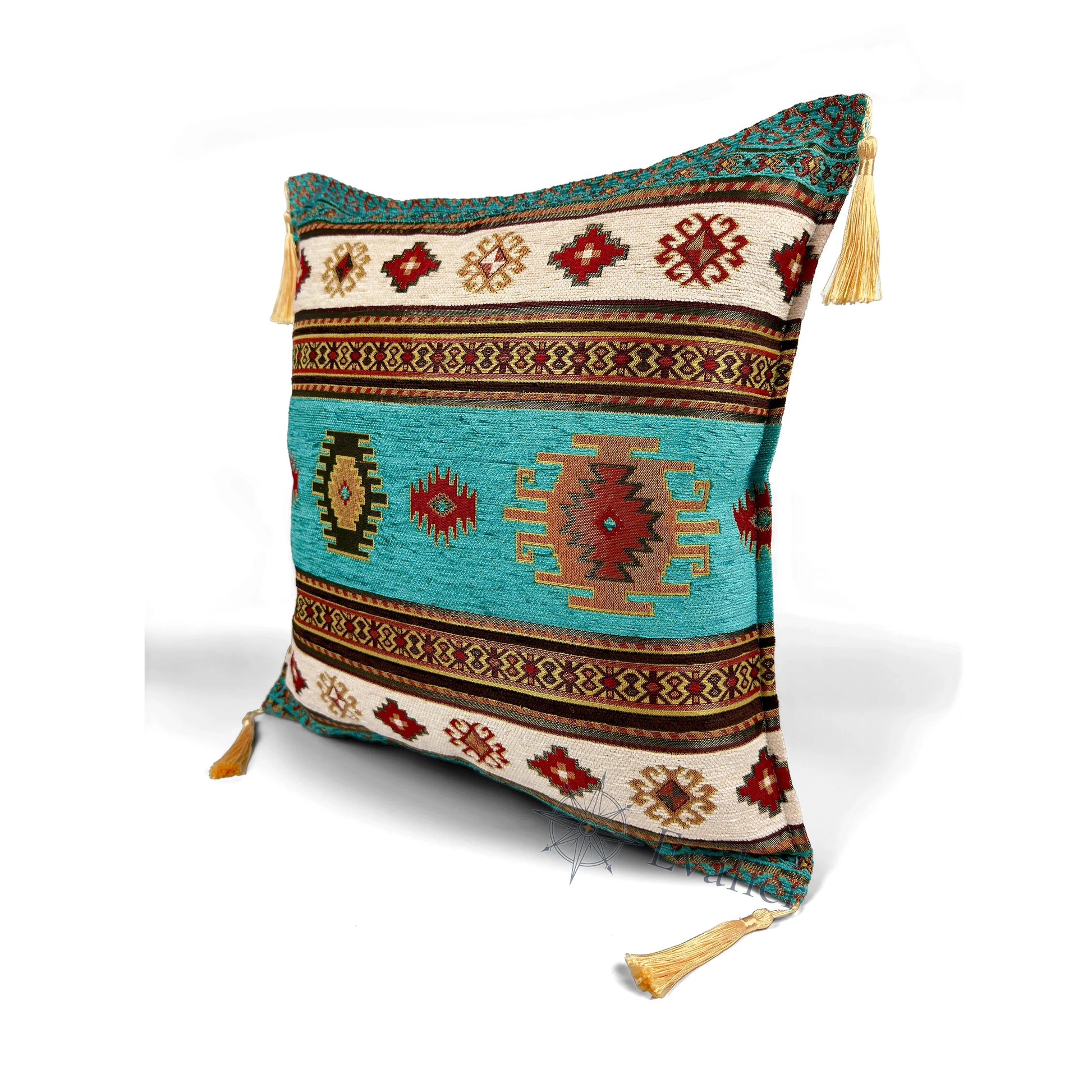 Evalier Turquoise pillow cover – angled front view, Heritage Kilim woven decorative cushion cover highlighting the kilim-inspired motif, textured fabric, and elegant corner tassels (45 × 45 cm / 18 × 18 in)